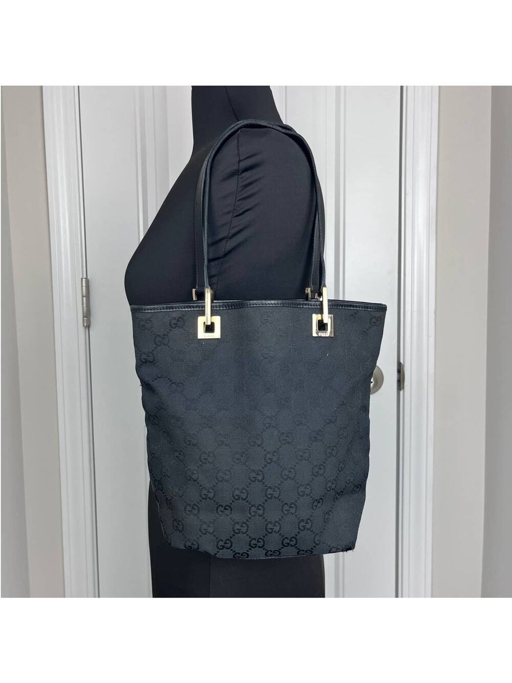 Gucci Black Medium GG Canvas Bucket Tote